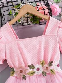 Váy công chúa màu hồng thắt lưng thêu hoa ngắn tay cho bé gái Tween, Đầm dự tiệc thanh lịch ngày lễ - Hồng - Xem 4