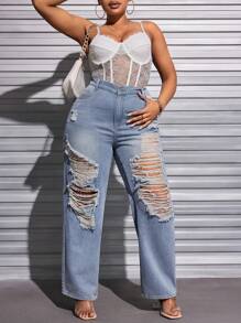 SHEIN SXY Kích thước lớn Rách Lỏng lẻo Quần jean - Rửa nhẹ - Xem 6