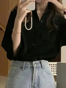 女士简约纯色短袖衬衫，适合日常休闲穿着，黑色，夏季款 - 黑色 - 查看 4