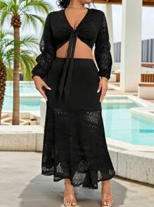 SHEIN Clasi Kích thước lớn Của phụ nữ Ren Tay áo dài Hai chiếc Bộ Với Mặt trước Lace-up Chi tiết - màu đen - Xem 1