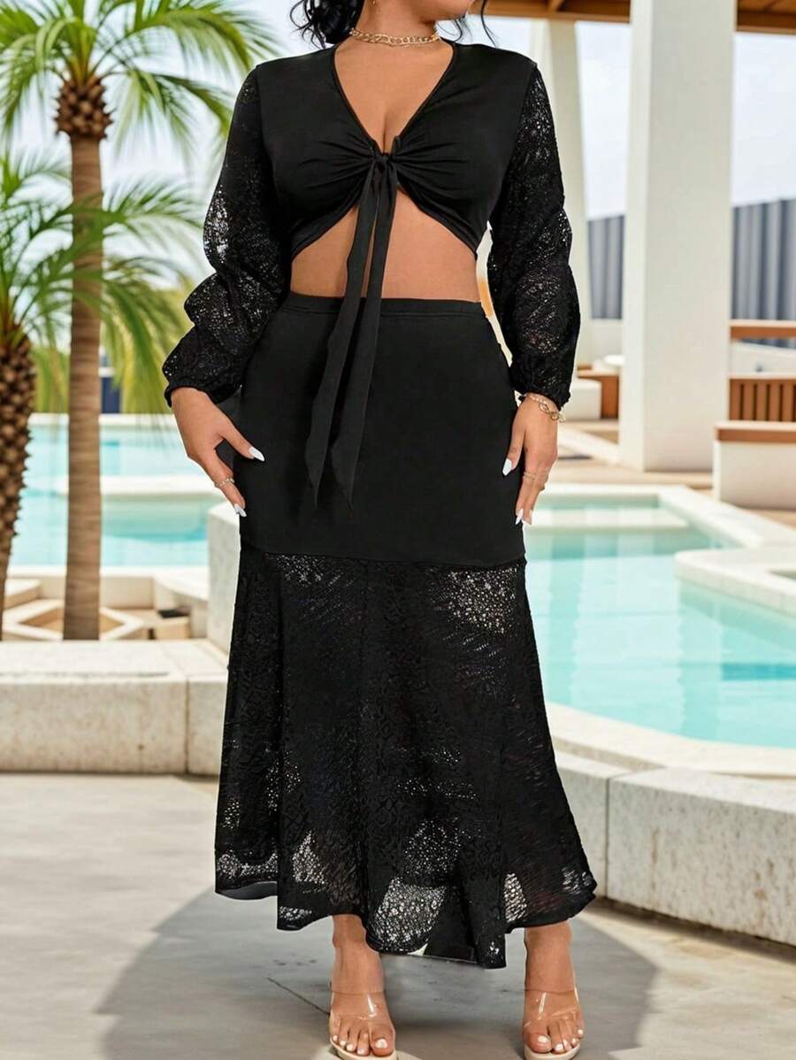 SHEIN Clasi Kích thước lớn Của phụ nữ Ren Tay áo dài Hai chiếc Bộ Với Mặt trước Lace-up Chi tiết - màu đen - Xem 1