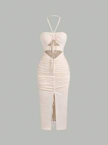 Sweetra Women's Drawstring Halter Neck Hollow Out Waist Dress - Beige - View 1