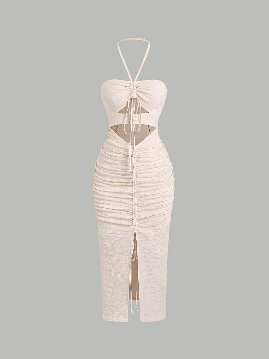 Sweetra Women's Drawstring Halter Neck Hollow Out Waist Dress - Beige - View 1