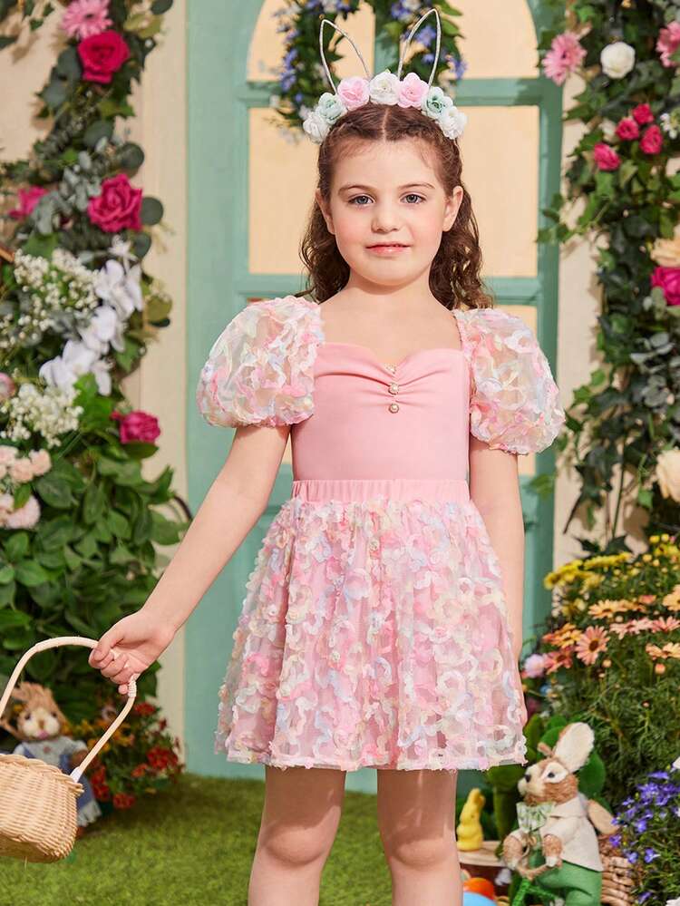 Young Girls' Sweetheart Collar Puff Sleeve Top With Pleats & Decorative Buttons And Cut-Out Detail Skirt Two Pieces Set