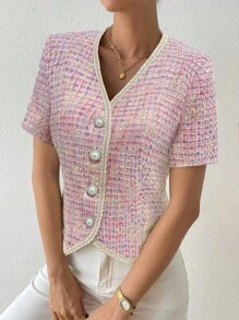 Chiquease Women's Short Sleeve Jacket With Asymmetric Hem, Single-Breasted Closure, Woven Tape Design - Pink - View 3