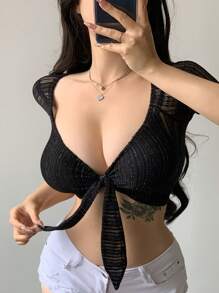 DAZY 女士性感超短款前系带短袖上衣外出上衣节日透视装 - 黑色 - 查看 7