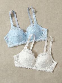 2入組純色花邊蝴蝶結裝飾內衣套裝