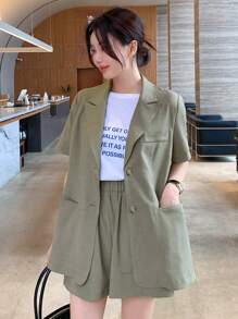 DAZY Business Casual Blazer Collar Short Sleeve Top And High Waist Wide Leg Shorts 2 Pieces Set For Women