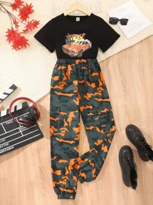 SHEIN Tween Girl Car & Letter Graphic Tee & Camo Print Pants - Black - View 1