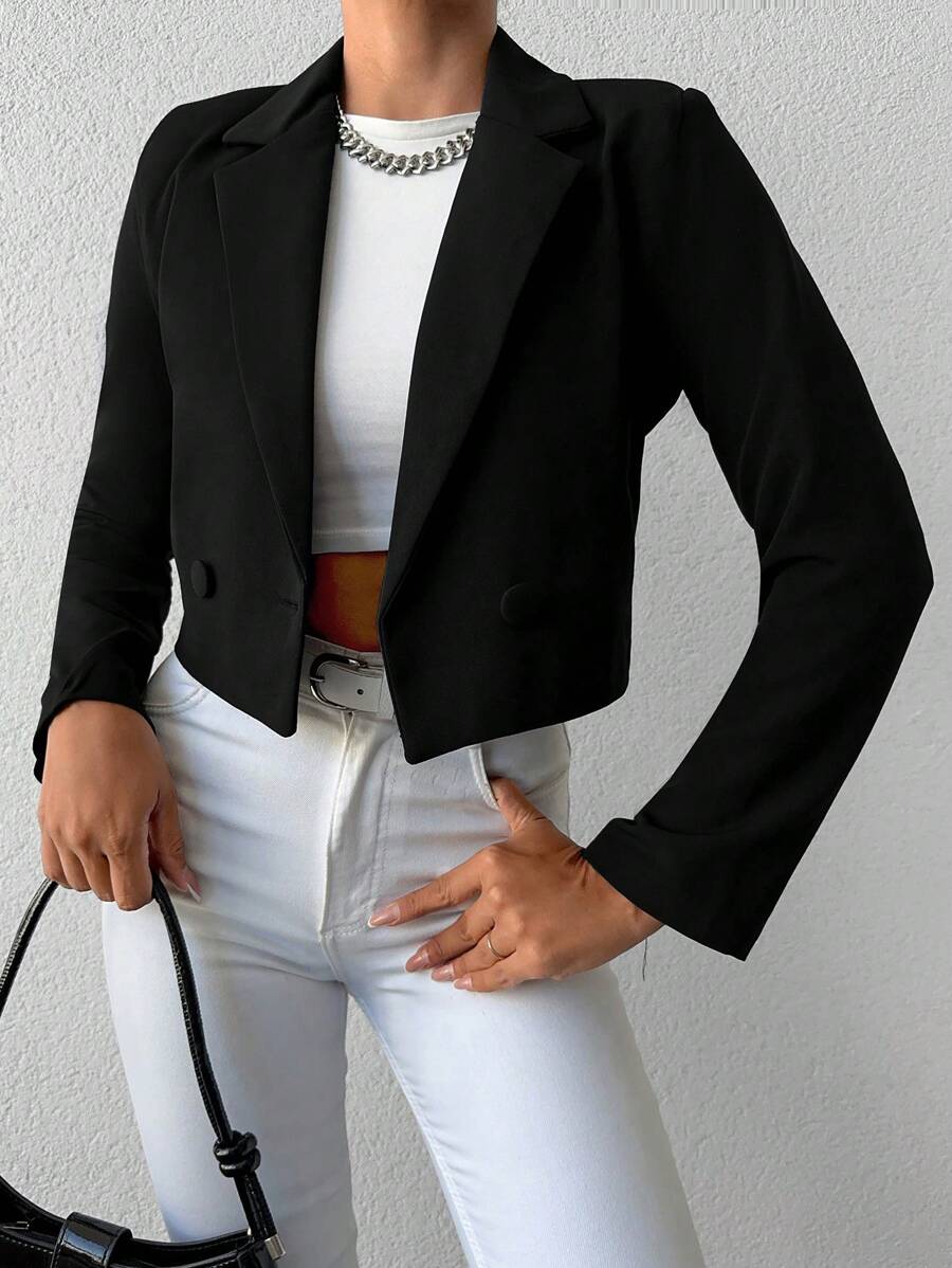 EURMUSE Ladies Solid Color Long Sleeve Short Casual Suit Jacket With Double-Breasted Buttons - Black - View 1