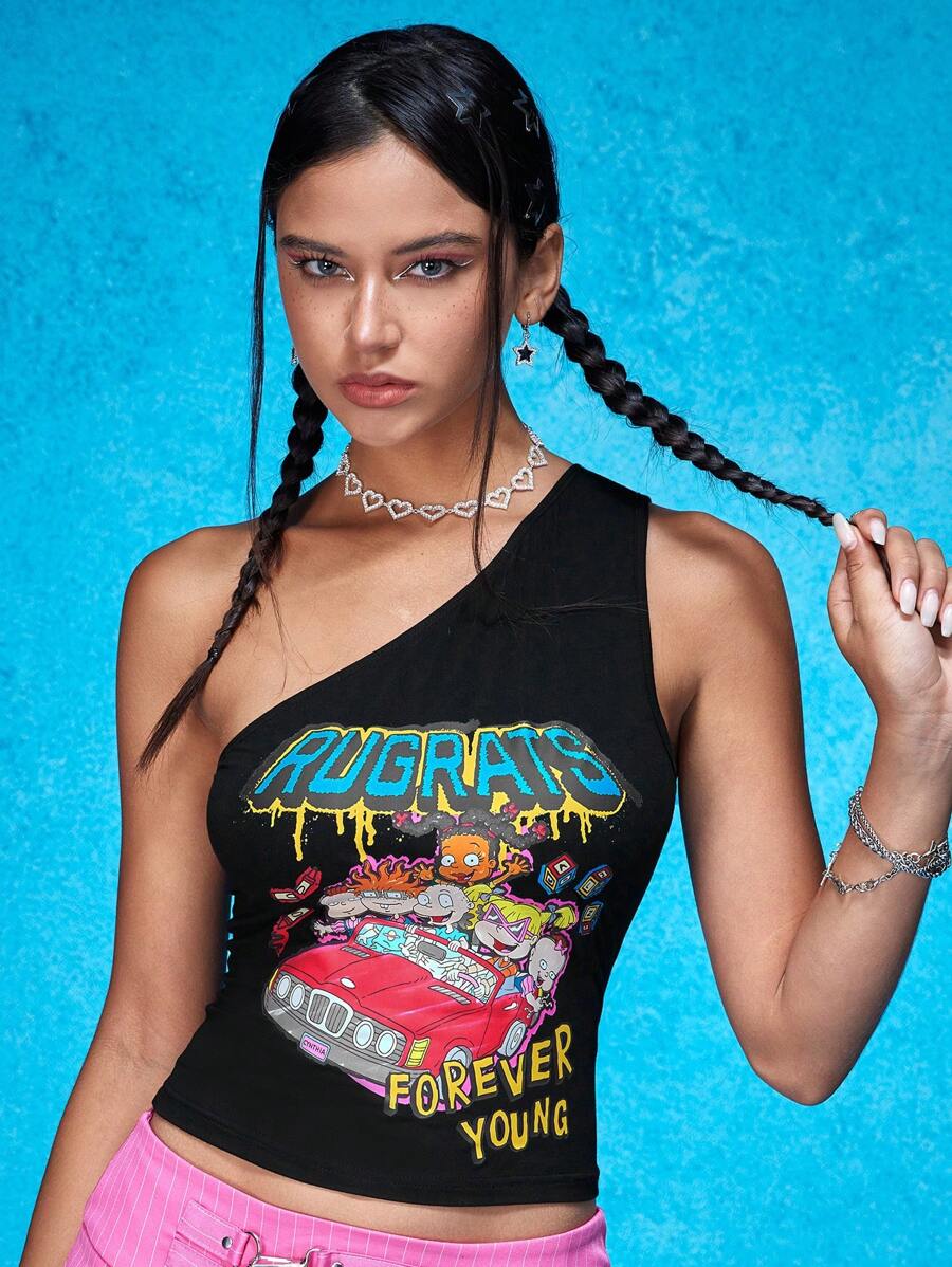 Nick 90s | SHEIN 炫酷針織修身上衣,賽車圖案,印花字母和獨肩設計,適合女性 - 黑色 - 查看 1