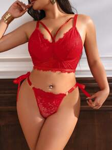 2pcs/Set Plus Size Lace Underwear With Underwire Bra & Panty, Lingerie