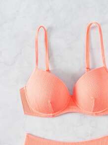 SHEIN Swim 纯色罗纹女士泳衣套装，比基尼套装海滩比基尼套装泳衣夏季，夏季海滩 - 珊瑚橙 - 查看 6