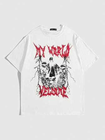 Grunge Punk Camiseta con impresión de letra y esqueleto Hombre Y2K para Halloween, escuela