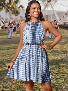 SHEIN VCAY 加大碼渐层色系领口连衣裙,露背领设计,弹性腰,适合度假 - 彩色 - 查看 4