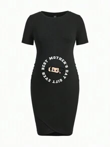 SHEIN 簡約休閒孕婦連身裙,印有嬰兒標語圖案,短袖中長款 - 黑色 - 查看 1