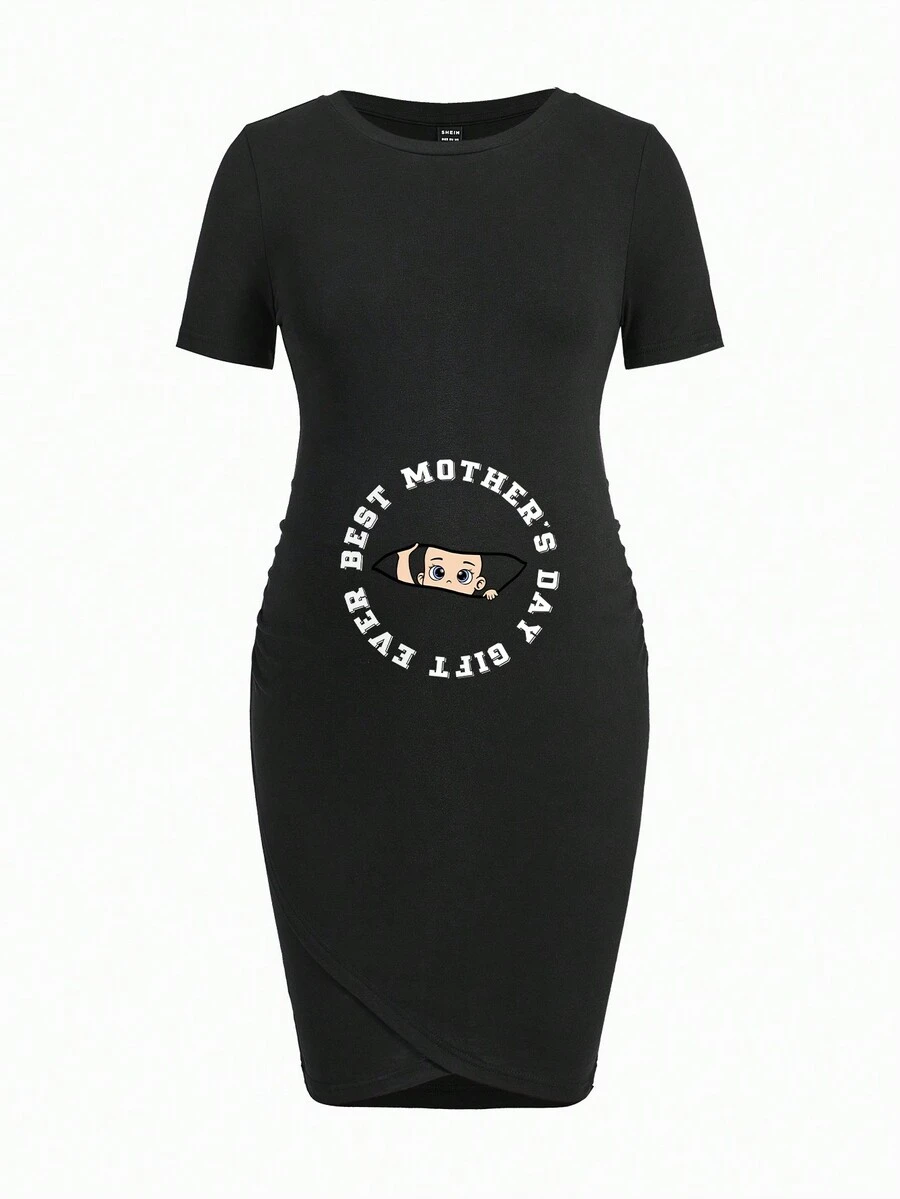 SHEIN 簡約休閒孕婦連身裙,印有嬰兒標語圖案,短袖中長款 - 黑色 - 查看 1