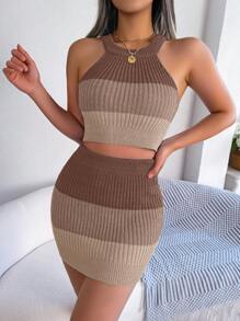 European & American Fashion Colorblock Cropped Top And Bodycon Skirt Knit Suit Set, Spring/Summer Casual - Khaki - View 5
