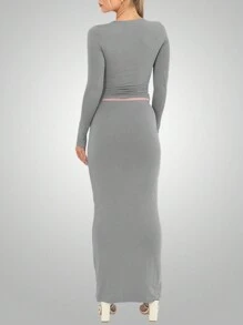 INAWLY 女士純色圓領長袖上衣和連身中長裙套裝 - 灰色 - 查看 2