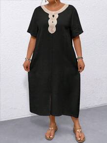 SHEIN LUNE Đầm xẻ cỡ lớn có cổ tròn - màu đen - Xem 1