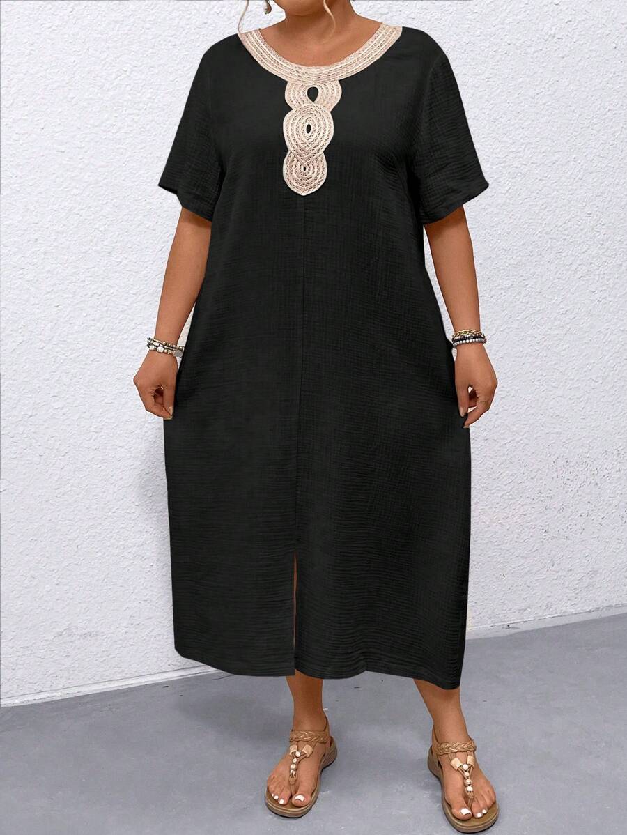 SHEIN LUNE Đầm xẻ cỡ lớn có cổ tròn - màu đen - Xem 1