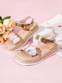 Cute Square Toe Thick-Soled & Straw Rope Fashionable Heart Decor Girls' Sandals - Multicolor - View 1