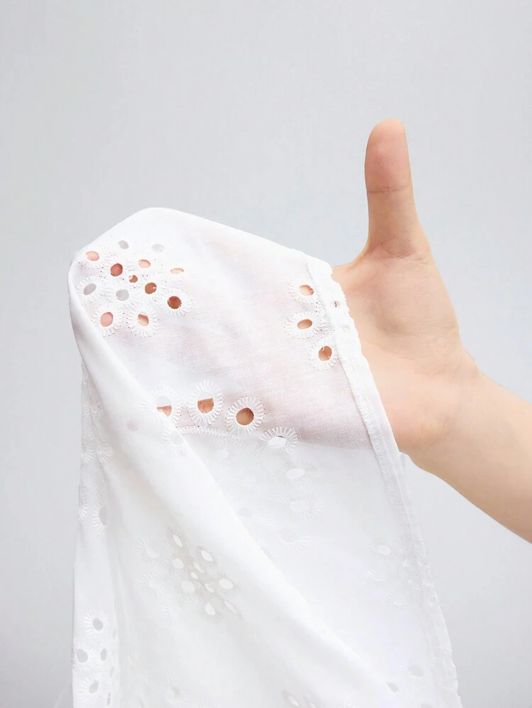 SHEIN Maija White Women Blouses Hollow Out Embroidery EyeletButton Front Casual Shirt  Casual Holiday Beach Cruise Travel  Romantic, Fashion, Versatile; Suitable For Summer Vacation, Comfortable, Bohemian Style, Beach Wear, Simple Daily Wear, Country Style, Essential, Solid Color, Holiday Casual, Decent, Single Lady,Elegant Women's Blouses Casual Blouse For Women Formal Attire For Women Office Wear Women Business