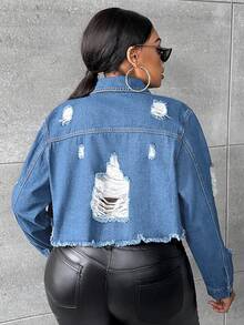 SHEIN SXY 大尺碼女士破洞牛仔外套 - 淺色水洗藍 - 查看 2