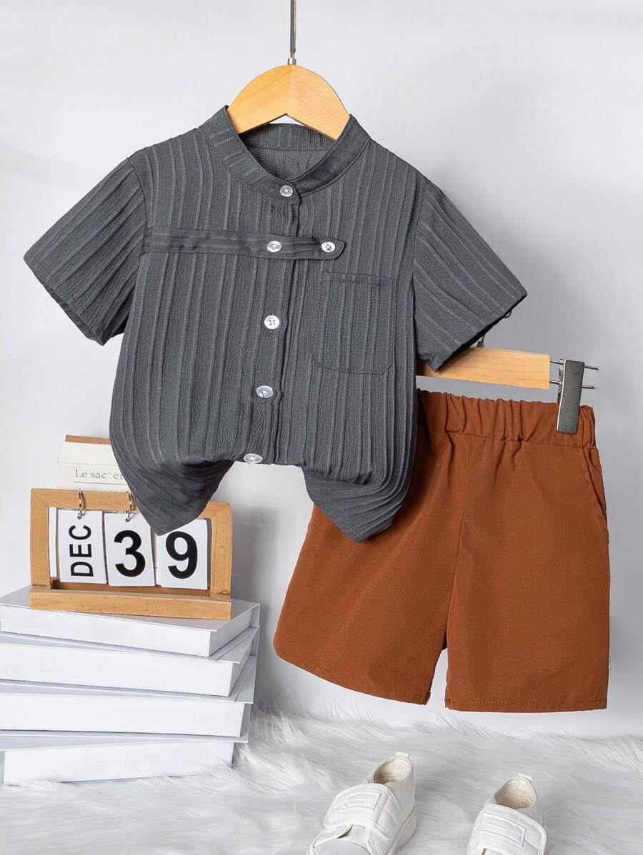 SHEIN Young Boy Solid Color Stand-Collar Short Sleeve Shirt And Shorts Set - Multicolor - View 1