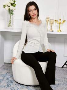 Modelyn Women's Solid Color Fluffy Patchwork Pleated Asymmetrical Hem T-Shirt