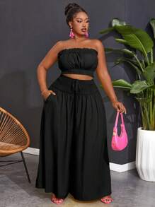 Slaydiva 大码纯色露肩上衣和阔腿裤套装 - 黑色 - 查看 3
