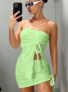 SHEIN ICON 前抽绳抹胸和紧身裙两件套 - 薄荷綠 - 查看 6