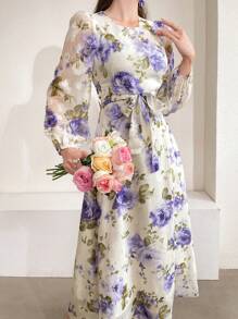 Modelyn Women's Floral Print Lantern Sleeve Dress With Round Neckline - Purple - View 1