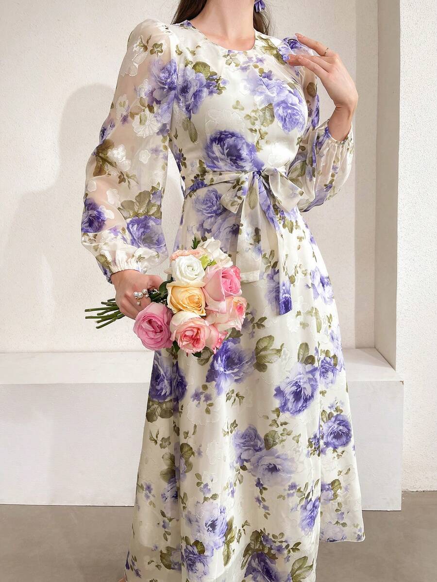 Modelyn Women's Floral Print Lantern Sleeve Dress With Round Neckline - Purple - View 1