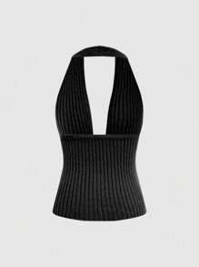 SHEIN Unity Quý cô Đơn giản Đen Dệt kim Dây Cami ngọn - màu đen - Xem 2