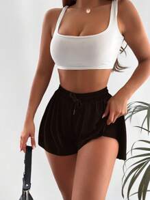 Cottnline Solid Drawstring Waist Casual Shorts - Brown - View 4