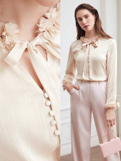 MOTF PREMIUM WOVEN WOMEN'S SOLID COLOR SHIRT WITH TIE NECK AND 3D FLORAL DECORATIVE,CHIC BLOUSE