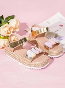 Cute Square Toe Thick-Soled & Straw Rope Fashionable Heart Decor Girls' Sandals - Multicolor - View 3