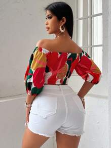 SOLERSUN Floral Print Off-The-Shoulder Puff Sleeve Cropped Blouse For New Year Clothes,Short Sleeve Tops - Red - View 2