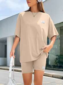 SHEIN EZwear Letter Print Drop-Shoulder T-Shirt And Cycling Shorts Knit Set - Khaki - View 4
