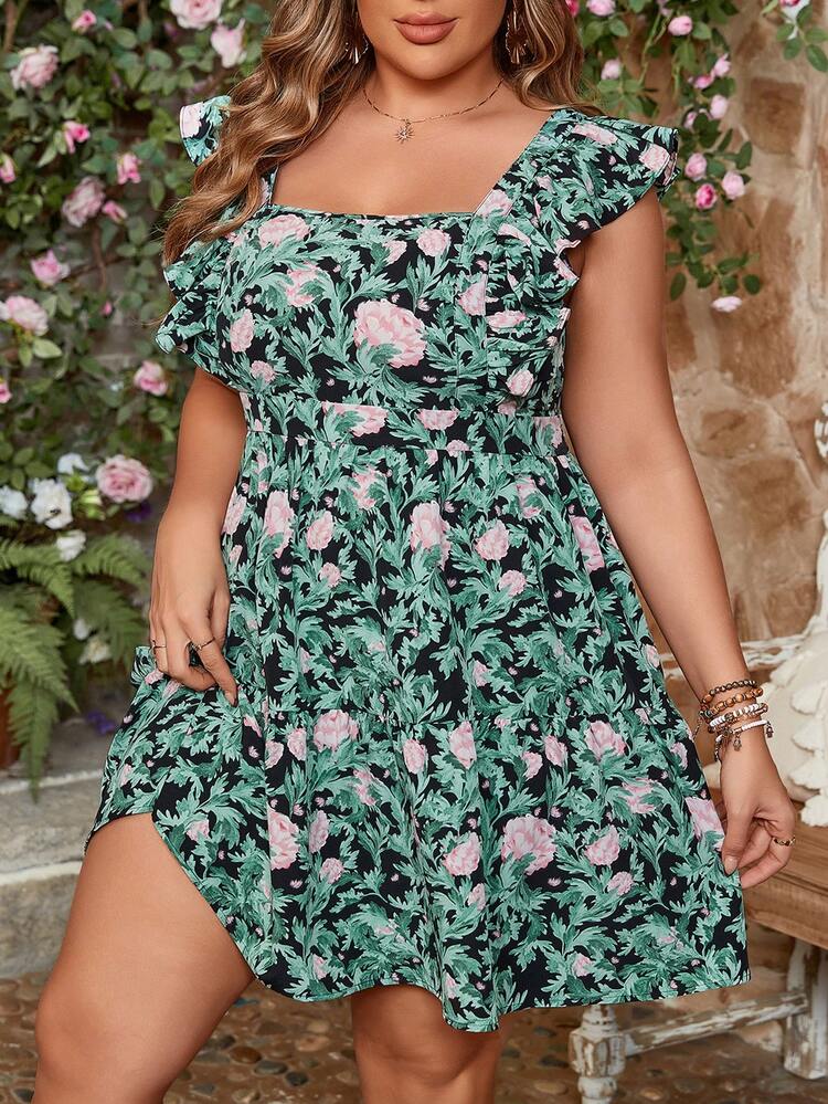 Plus Size Holiday Square Neck Ruffle Hem Flutter Sleeve Butterfly Back Belted Sweet Dress