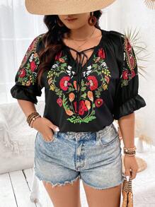 Breezaya Plus Size Floral Print Collar Neck Tie Front Shirt - Multicolor - View 6