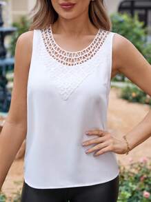 SHEIN Clasi Women's White Elegant Casual Blouse,Summer Vacation Outfits Solid Sleeveless Top,Office Elegant Party Dressy Shirt,Beach Festival Spring Outfits - White - View 3