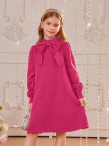 SHEIN Vestido para niñas preadolescentes con mangas largas estilo retro, cuello tejido con soporte, botones decorativos en la parte de atrás y línea A