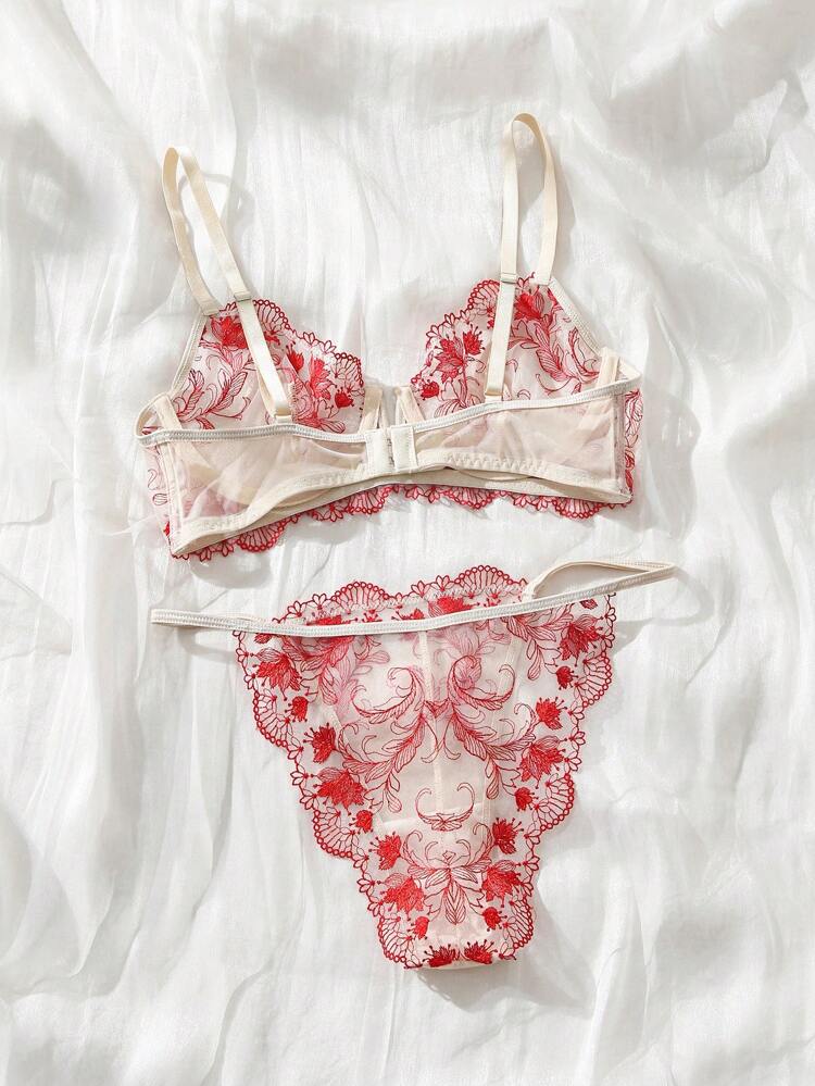 Red Embroidery Bra & Panty Lingerie Set For Women