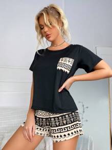 Women's Plant Print Short Sleeve Top And Shorts Pajama Set - Apricot - View 4