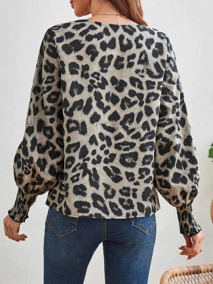 Women Spring And Summer Leopard Print V Neck Lantern Sleeve Loose Casual Shirt