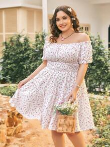 Dreamara Vestido romántico de línea A estampado con flores rosadas, de hombros descubiertos, con mangas con volantes y cintura ajustada, para vacaciones en el campo para tallas grandes en verano
