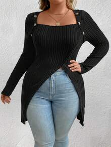 Celure Kích thước lớn Có nút Bao bên Áo thun - màu đen - Xem 4