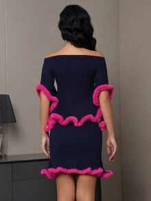 Modphy 春季新品 2入組女式短袖毛衣和鉛筆裙套裝,時尚毛衣 - 藏蓝色 - 查看 2